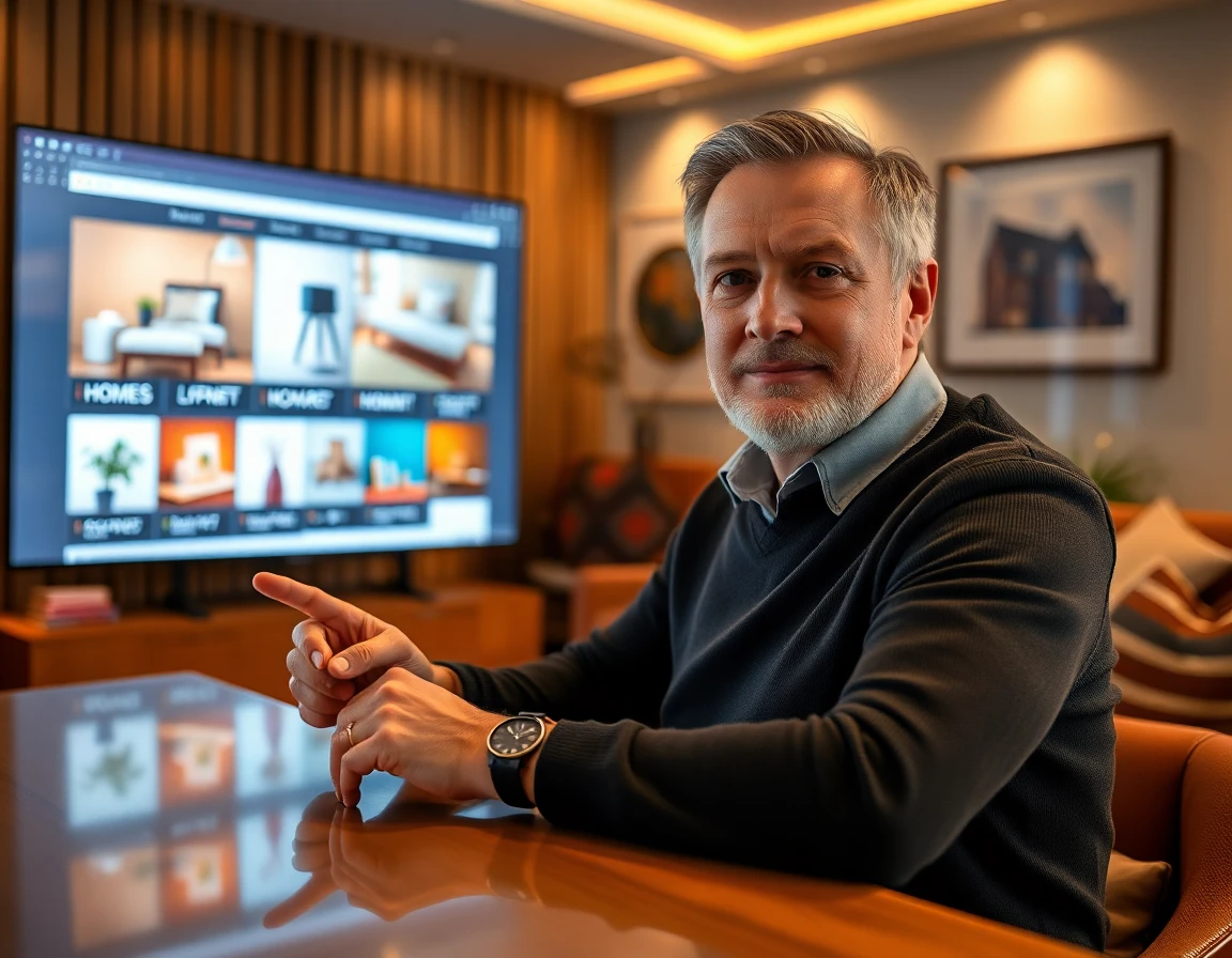 Middle-aged man analyzing digital home advertisement on screen in modern living room