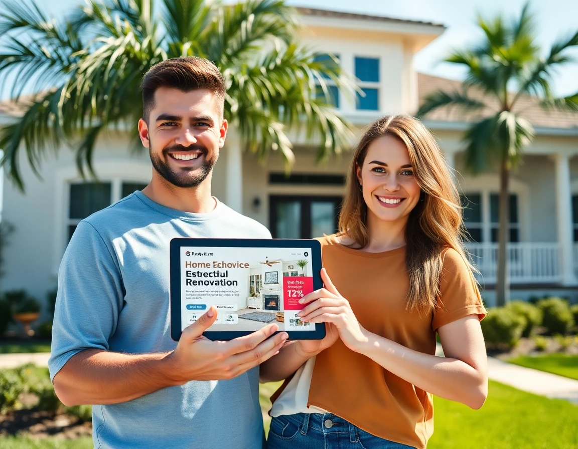 Young couple promoting home renovation services outdoors with tablet