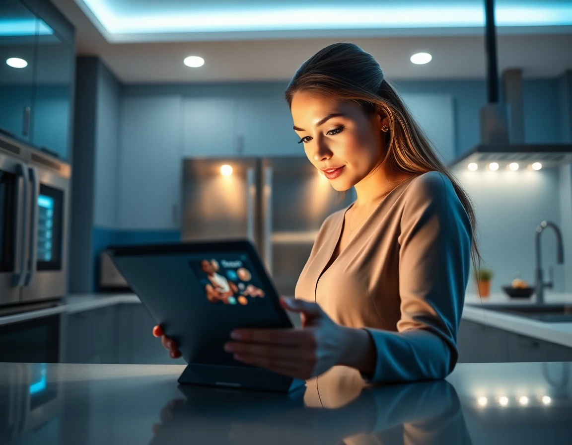 Young woman exploring smart home appliance advertisement in modern kitchen