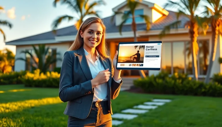 Cinematic wide banner capturing a Florida home with a smiling woman promoting digital ads