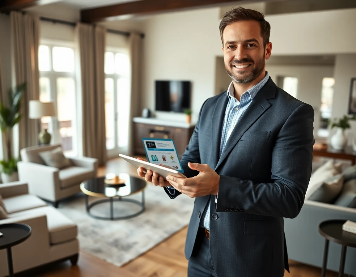 Real estate agent with tablet in modern living room, professional and trustworthy atmosphere