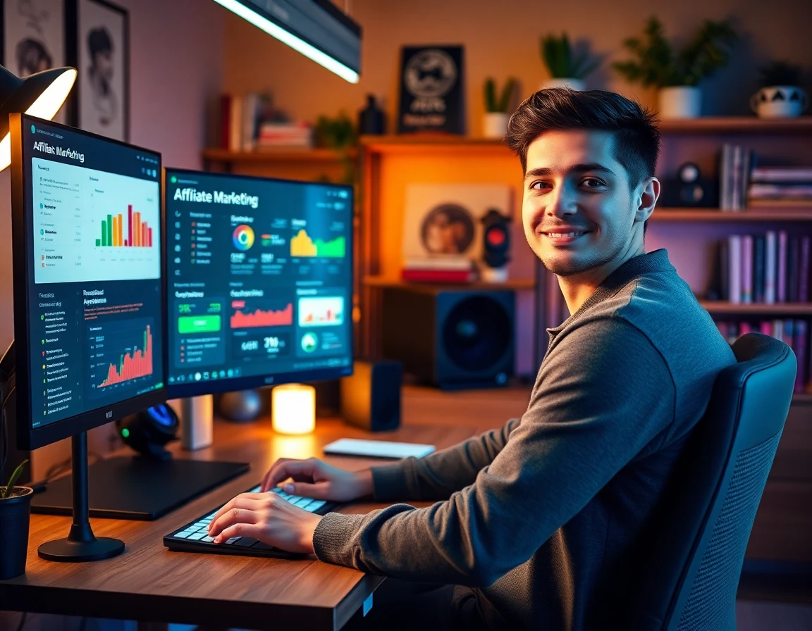 Young male content creator at home studio with affiliate dashboards, vibrant professional setting