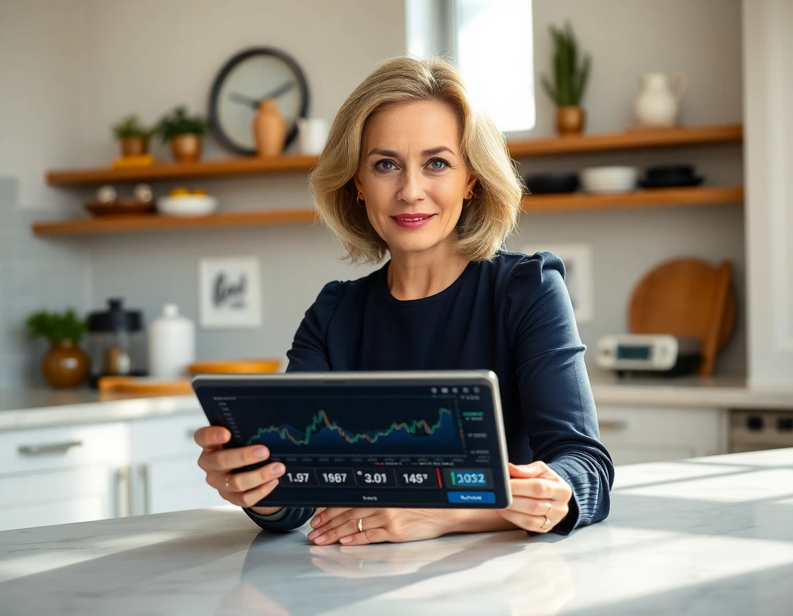 Woman reviewing affiliate links on tablet in modern kitchen, professional and inviting atmosphere