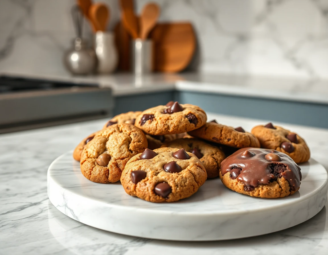 Close-up of assorted cookies on marble platter highlighting textures and rich colors