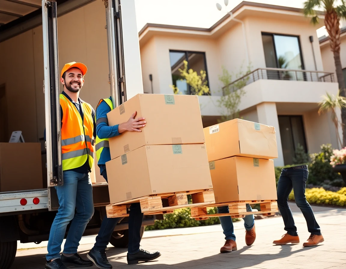 Delivery team unloading bulk home goods outside modern house, daytime scene