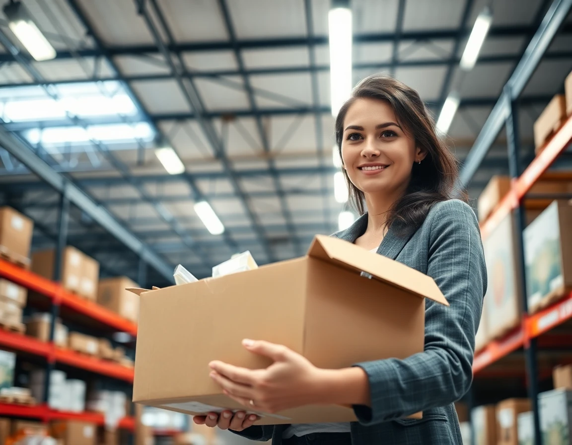 Businesswoman inspecting bulk home decor items in distribution center, professional setting