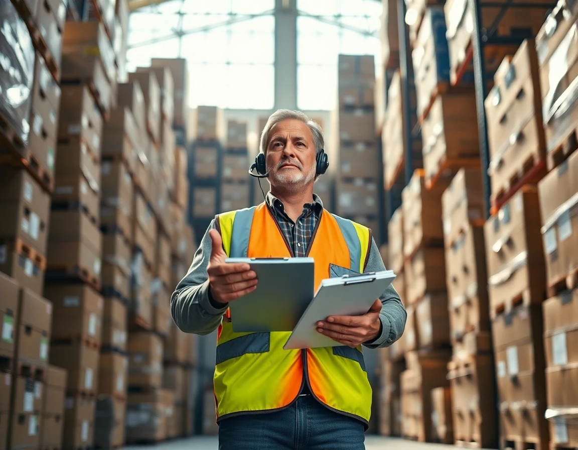 Warehouse manager overseeing bulk home goods inventory, industrial setting