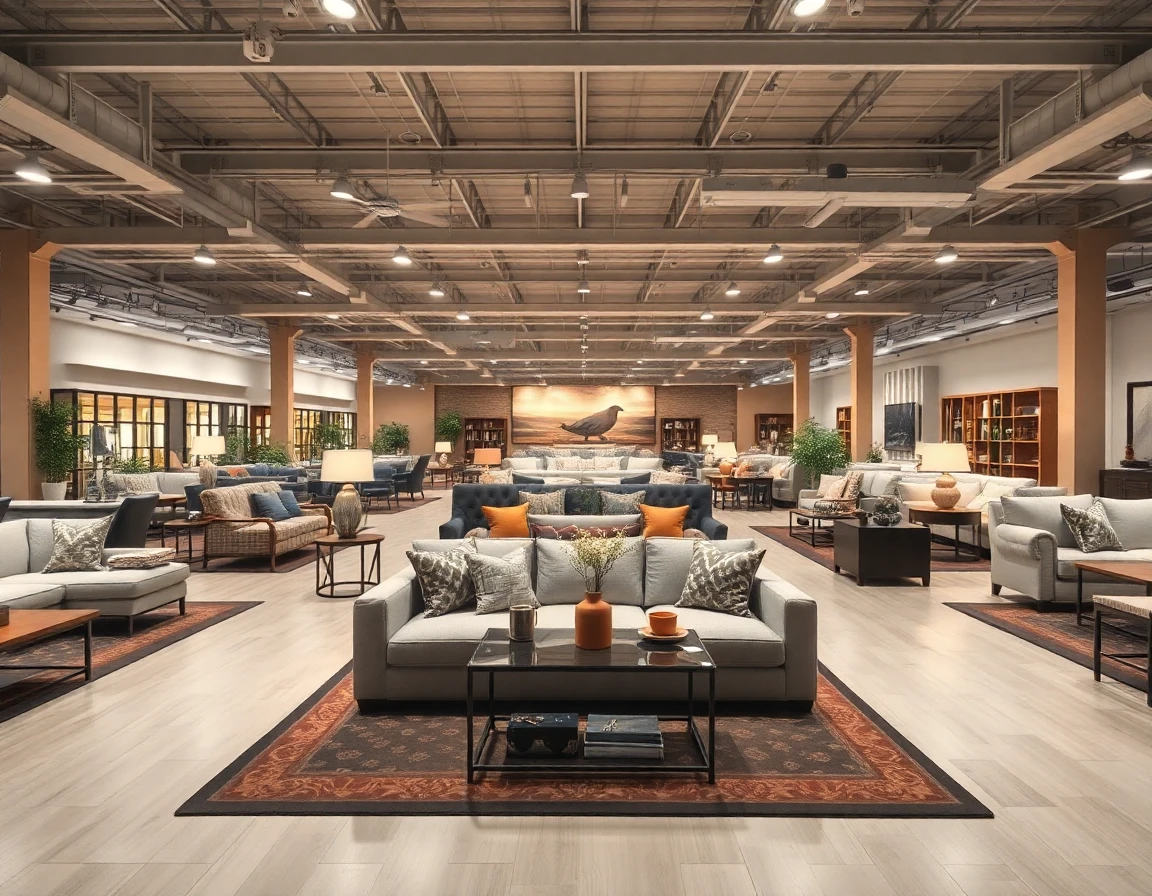 Interior of a home furnishings showroom with bulk orders on display, well-lit and inviting