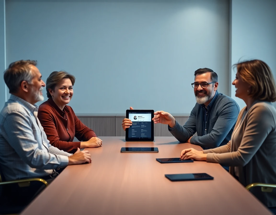 Diverse professionals discussing contact information in modern office for contact page