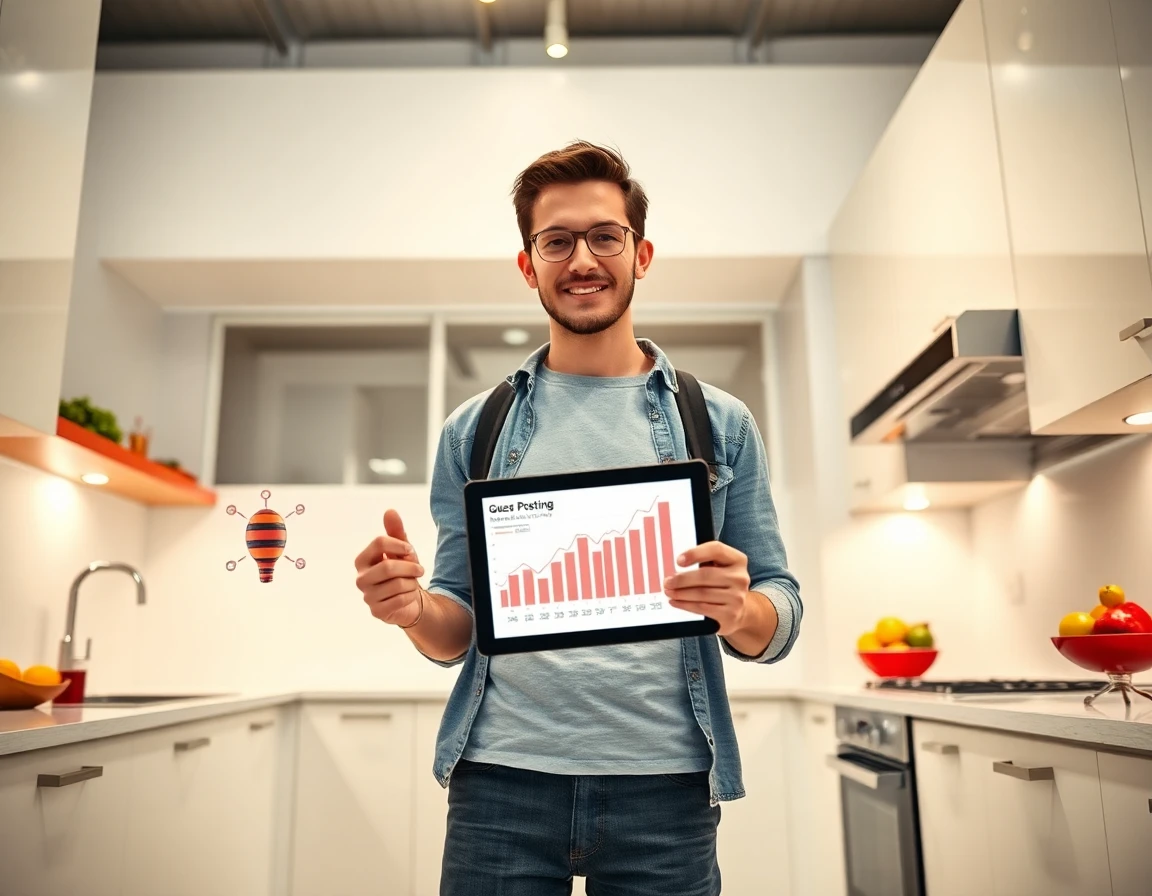 Young marketing professional analyzing guest post data in a bright modern kitchen