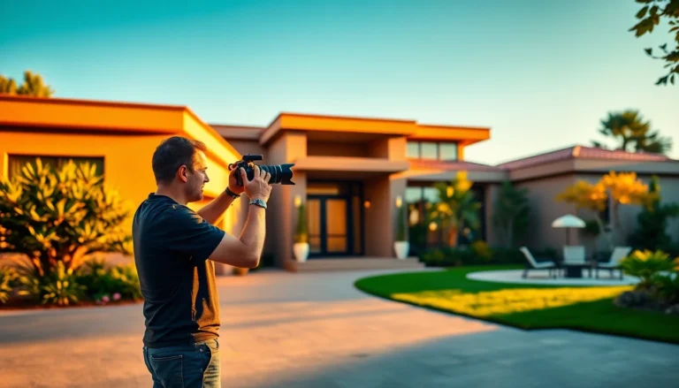 Beautiful modern home exterior at sunset with professional photographer capturing the scene