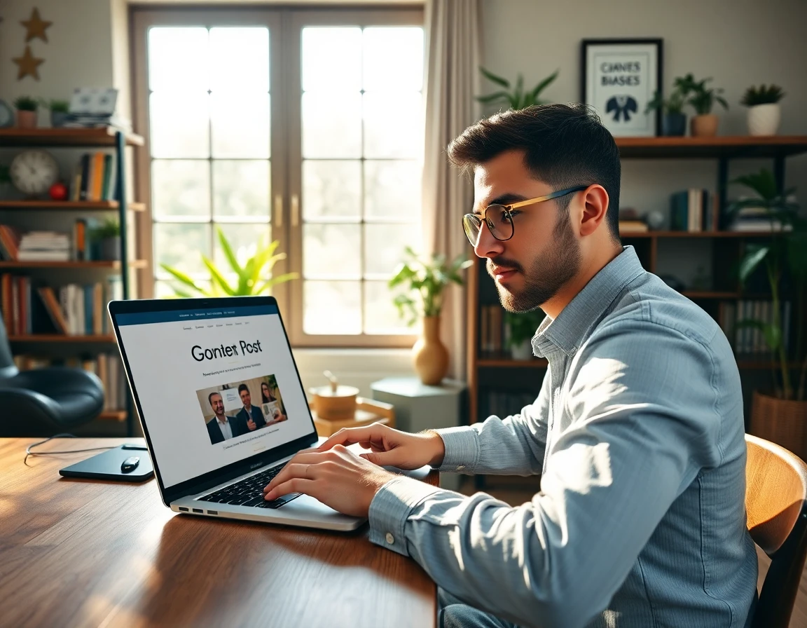 Content creator working on guest post website in cozy home office with natural light