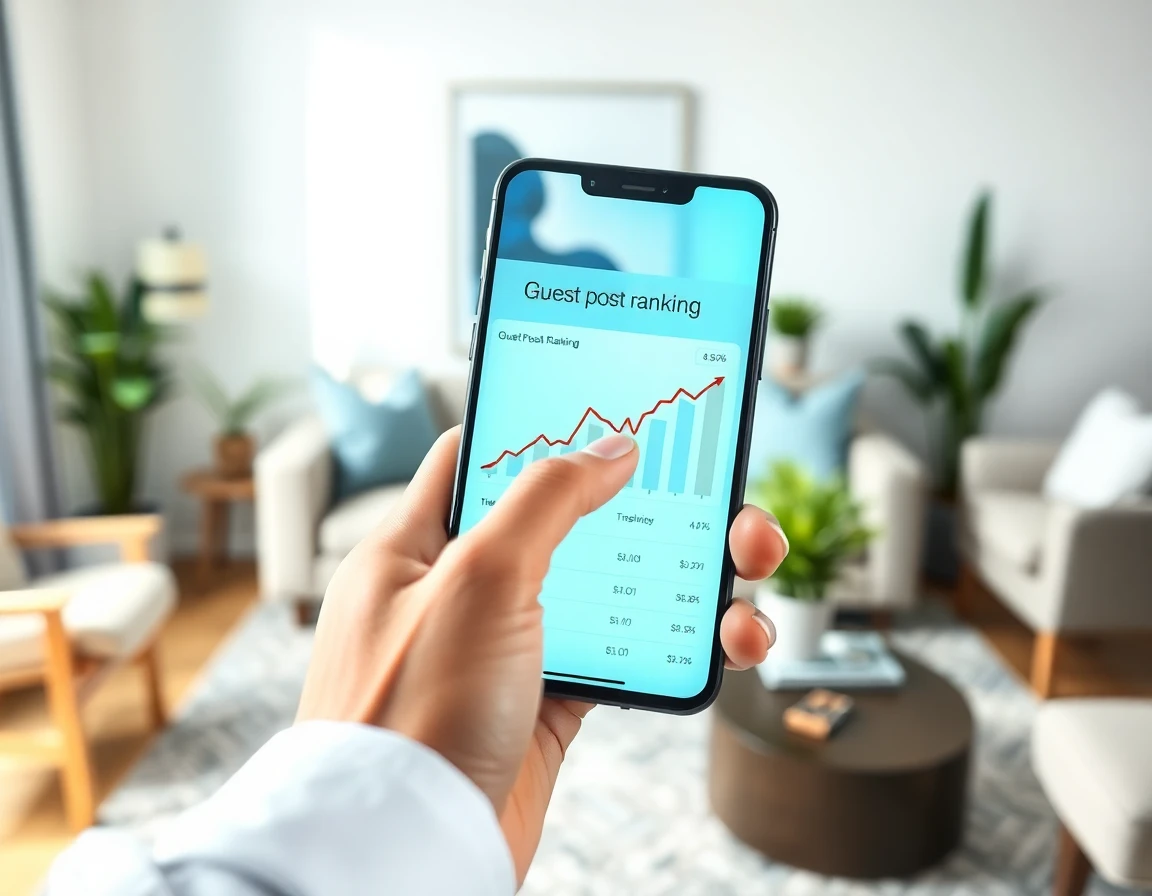 Close-up of hand holding smartphone displaying guest post ranking amid modern living room