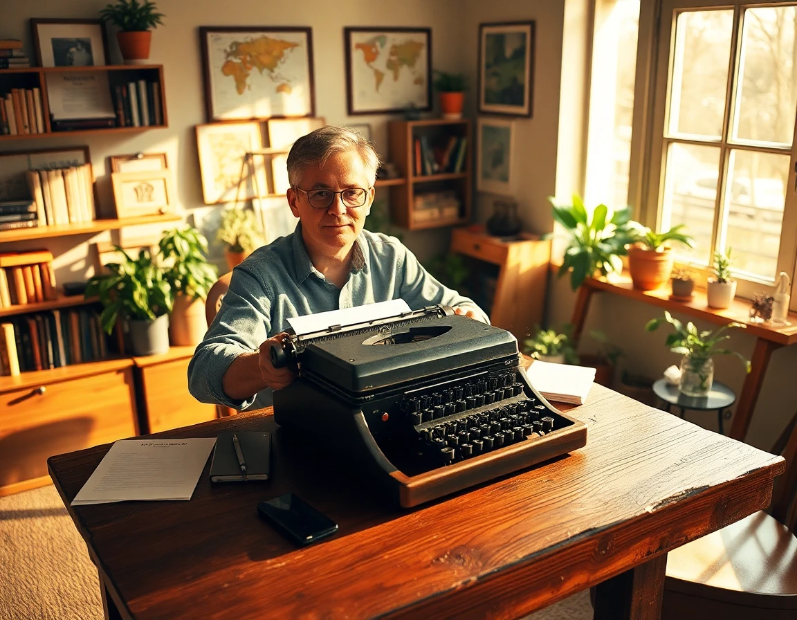 Freelance writer working on guest post content at vintage typewriter in sunlit home study
