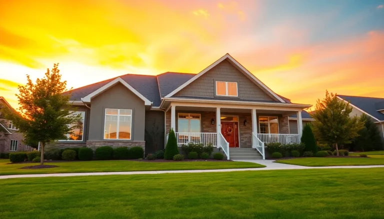 Cinematic wide banner of a modern suburban home during golden hour, lush landscaping, vibrant sky