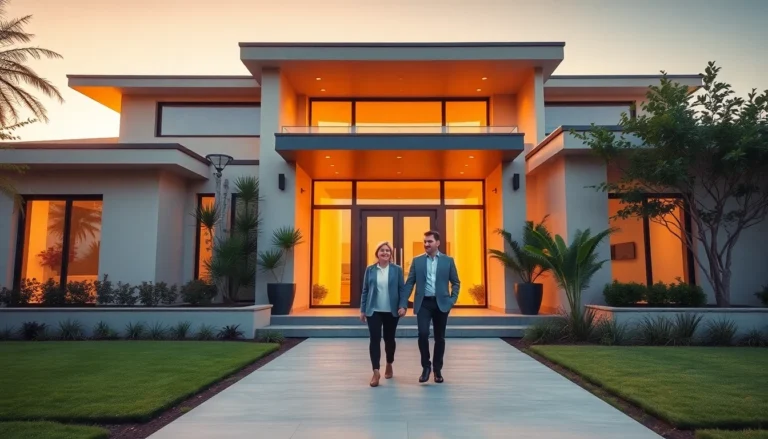 Elegant modern home exterior at sunset with a happy couple, wide-angle shot, inviting and professional