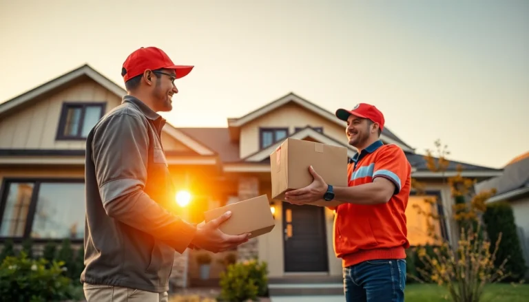 Cinematic wide banner of home delivery scene with courier and homeowner at sunset, vibrant and inviting