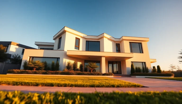 cinematic wide banner of modern home exterior during golden hour with lush landscaping