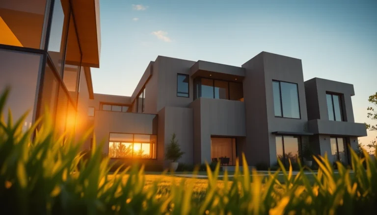 Luxurious modern home exterior at sunset with lush landscaping and dramatic lighting