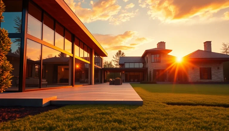 Luxurious modern home exterior at sunset with lush landscaping and expansive glass windows
