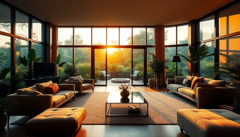 luxurious modern living room with garden view during golden hour