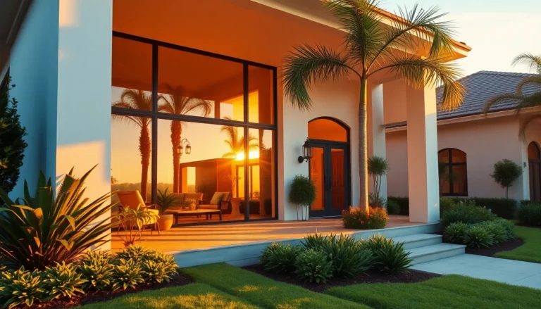 Luxurious Florida home exterior during golden hour with lush landscaping and inviting porch