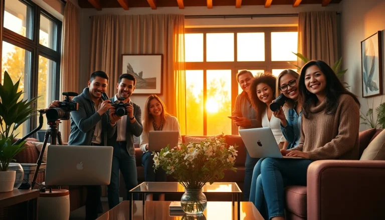 Professional diverse group of home contributors in stylish living room during golden hour