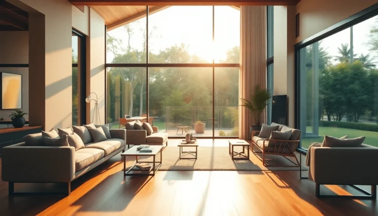 Stylish modern home interior during golden hour with natural light and lush greenery