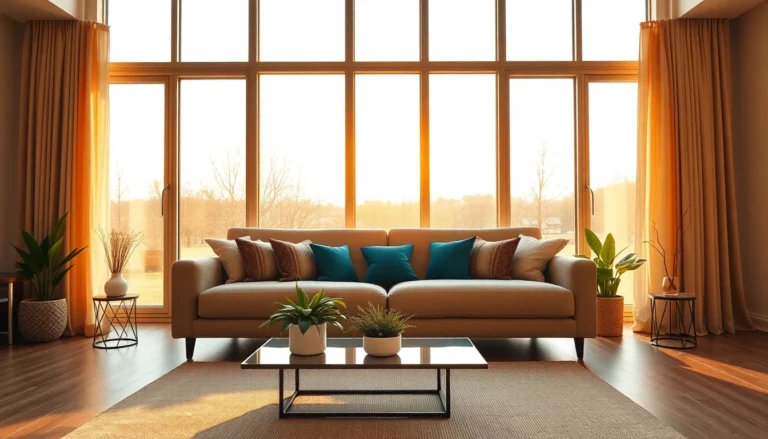 Elegant living room with cozy sofa and natural sunlight, inviting home decor