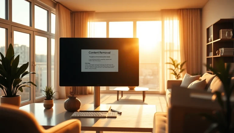 Modern home office scene with content removal notification during golden hour