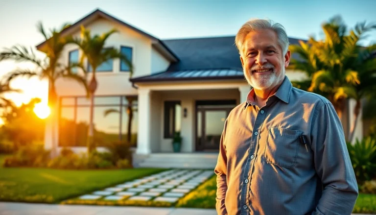 Cinematic wide banner of happy homeowner with keys in front of Florida home during golden hour