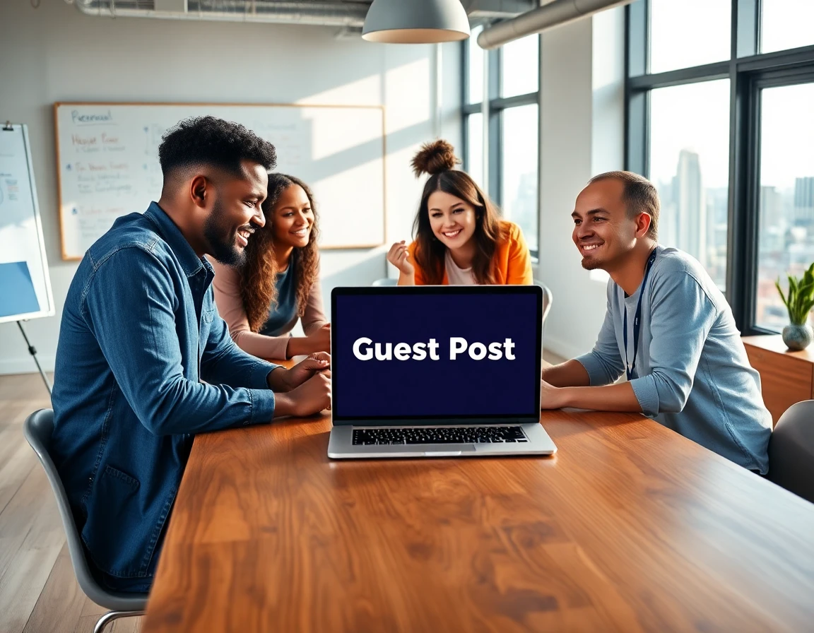 Diverse team collaborating at conference table with laptop, discussing submitting guest post, professional environment