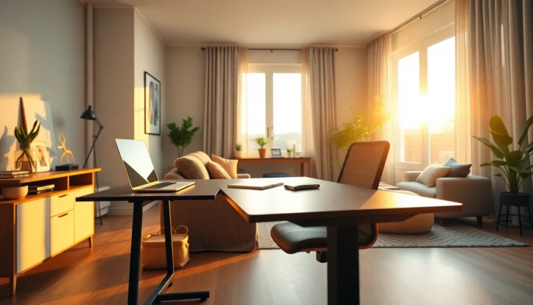 Elegant home office scene at golden hour with inviting atmosphere for contact page
