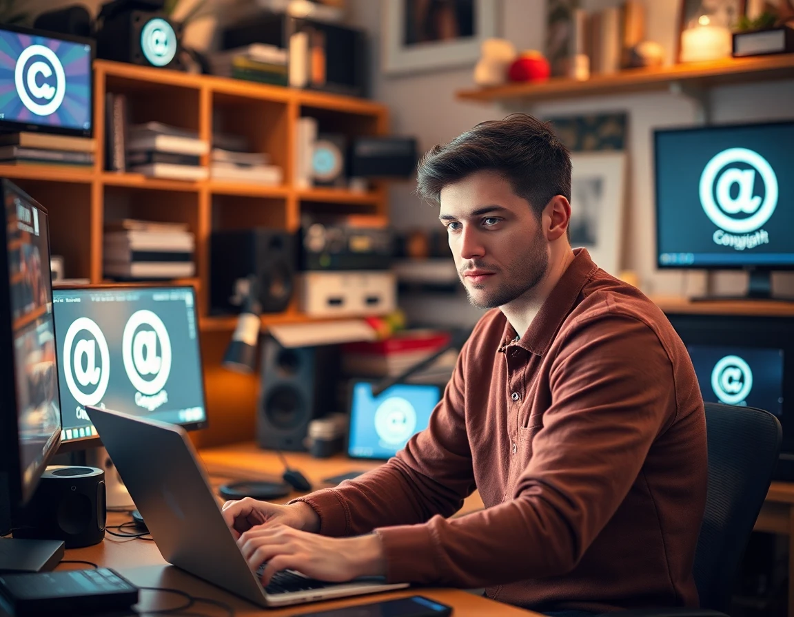 Young male content creator working on copyright management in home studio