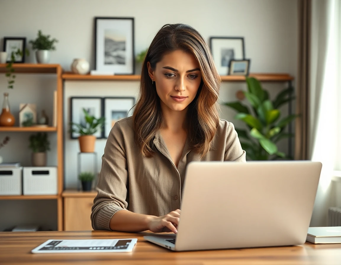 Focused woman reviewing digital content in a well-lit home office