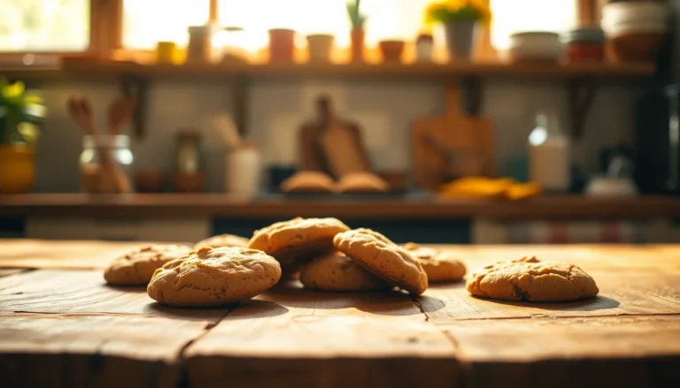 Cinematic wide banner of freshly baked cookies on rustic wooden table in warm kitchen lighting