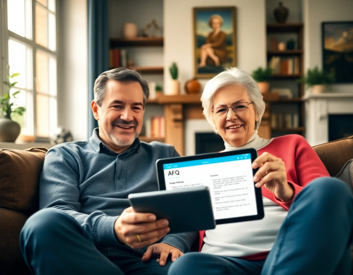Middle-aged couple reading FAQ on tablet in cozy living room, warm lighting, inviting atmosphere