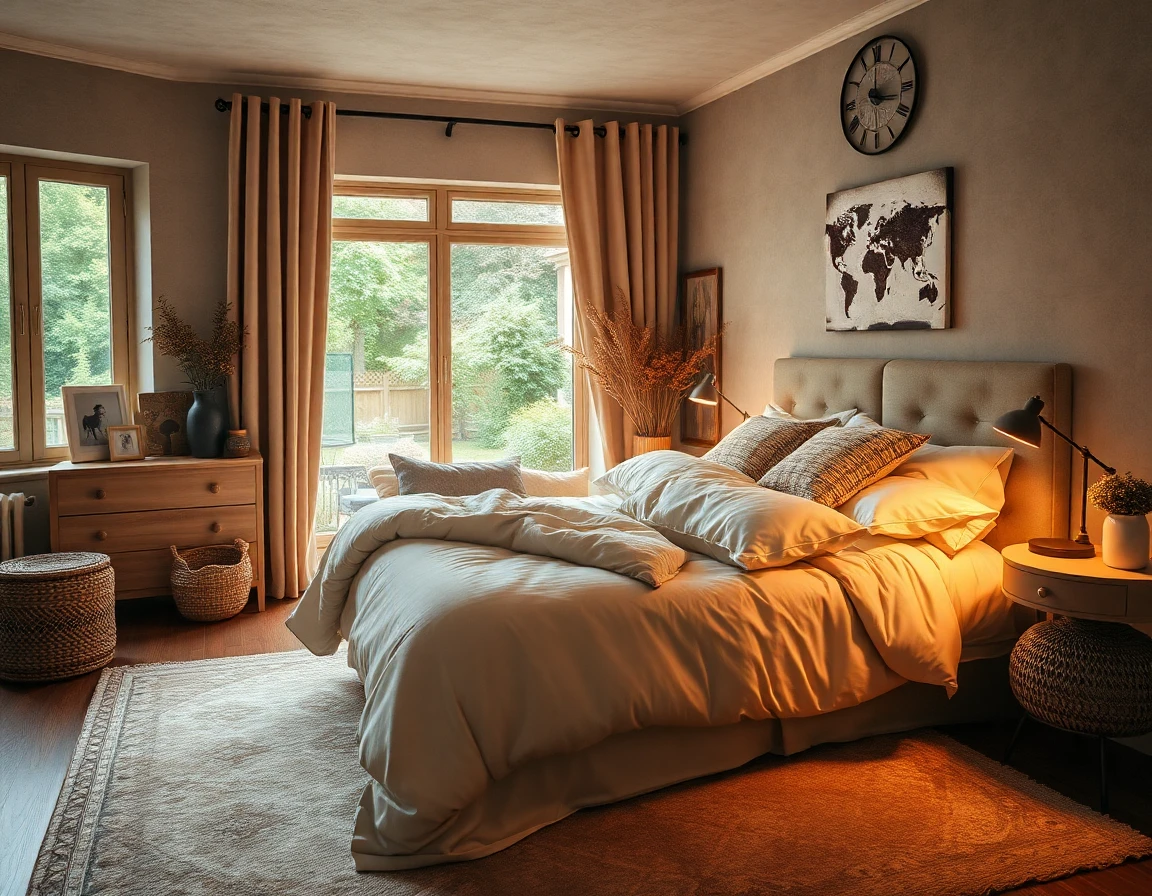 Serene cozy bedroom with plush bedding, ambient lighting, and tranquil decor