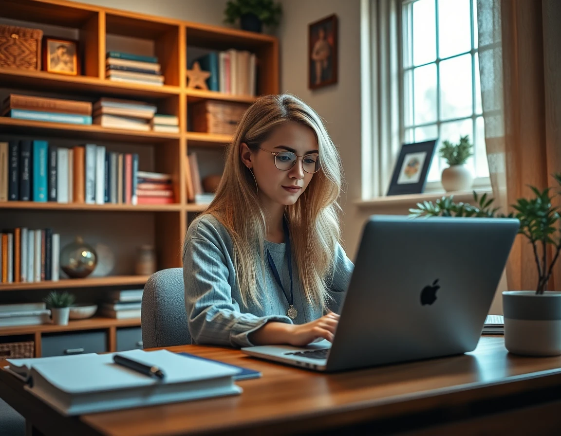 young woman working in a cozy home office with natural daylight
