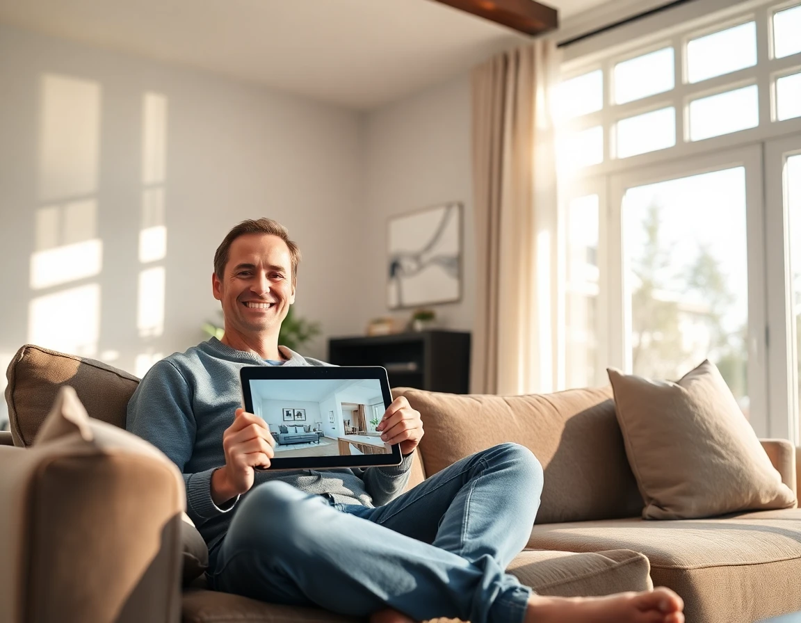 Homeowner relaxing in modern living room with tablet showing before-and-after home edits