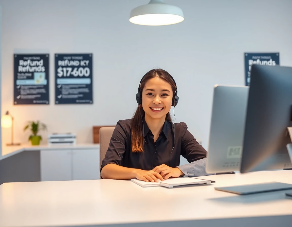 Customer service representative smiling during refund consultation in a professional office setting