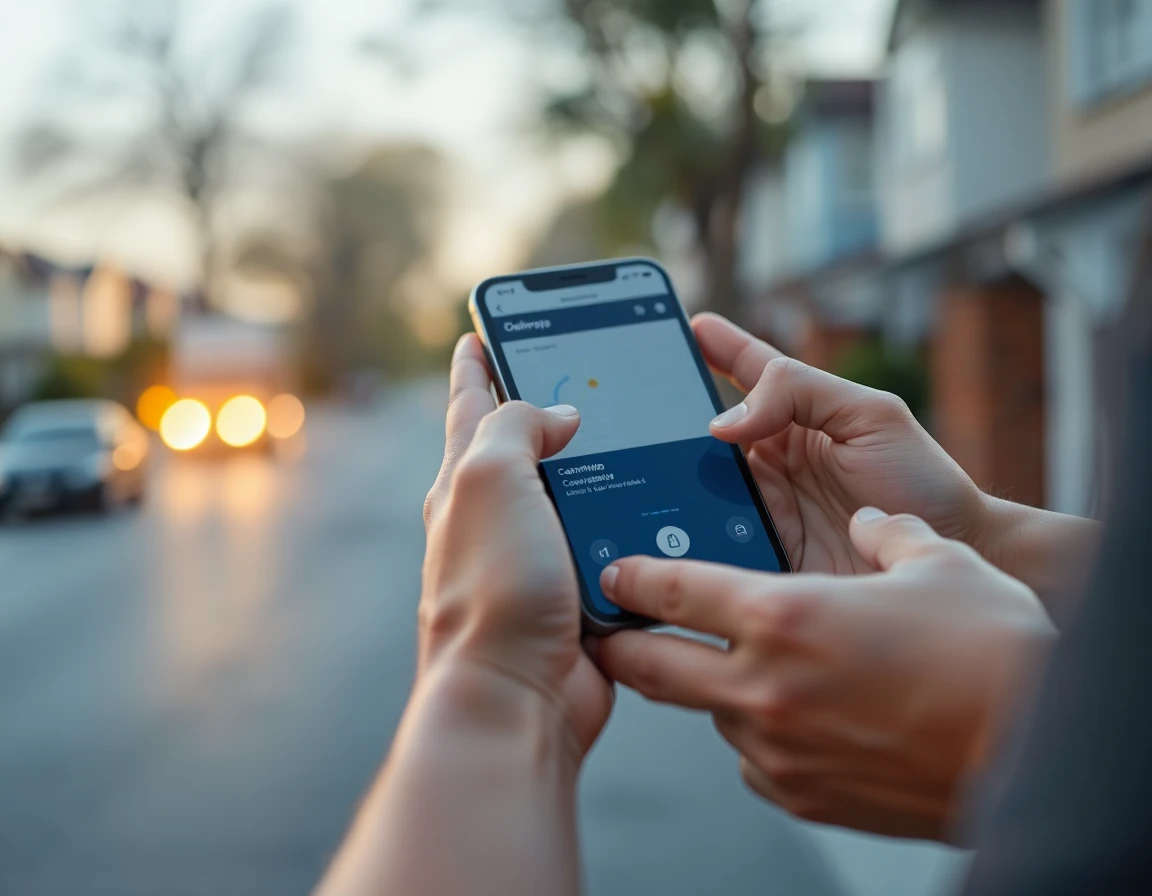 Close-up of delivery person's hands with smartphone displaying delivery app, modern and efficient