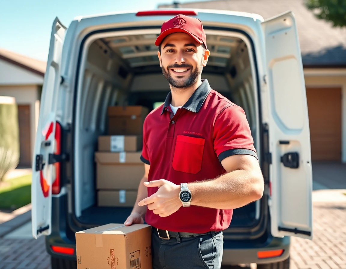 Delivery driver loading parcels into van in driveway, professional and reliable service