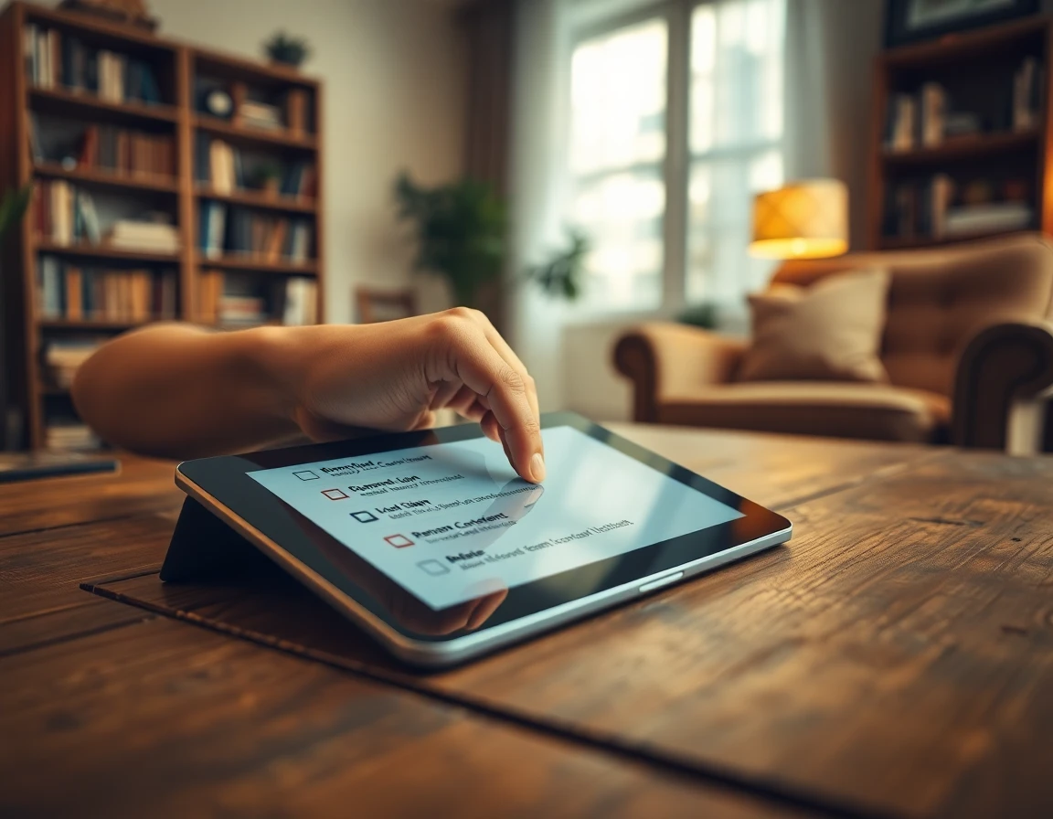 Hand swiping content list on tablet in cozy home setting