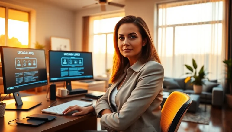 Home office scene with legal icons and professional woman representing DMCA policy