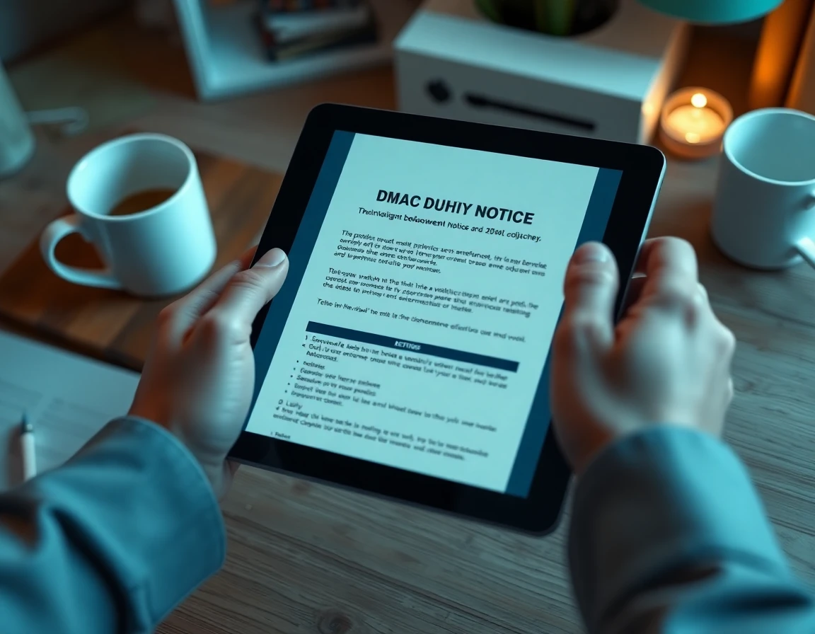 Close-up of hands filling out DMCA takedown notice on digital tablet