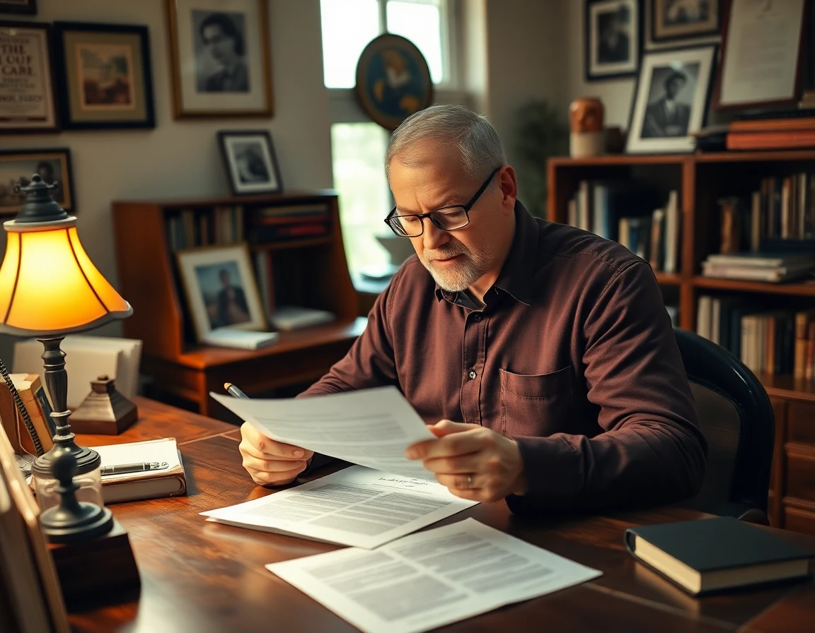 Male editor reviewing guest post draft at vintage desk in cozy home office, professional and focused