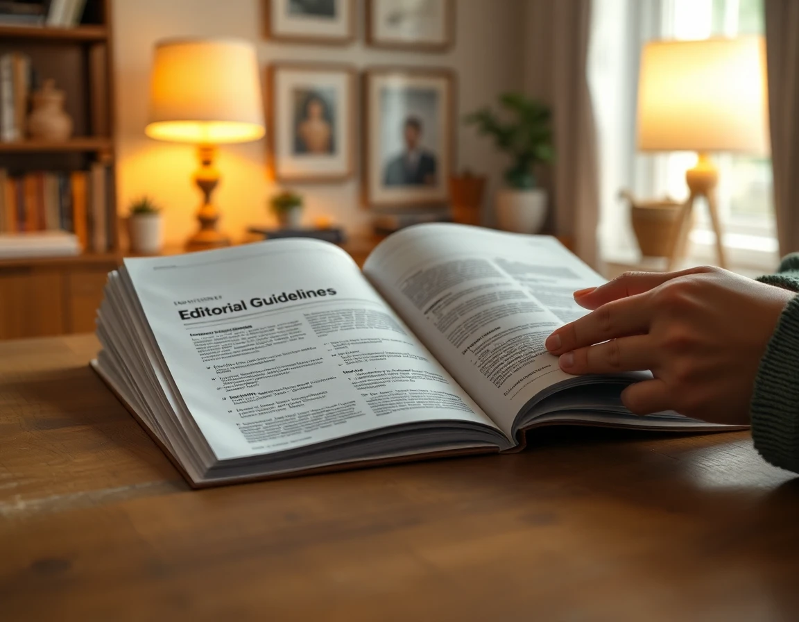 Hands flipping through a magazine with editorial guidelines in a cozy home office setting