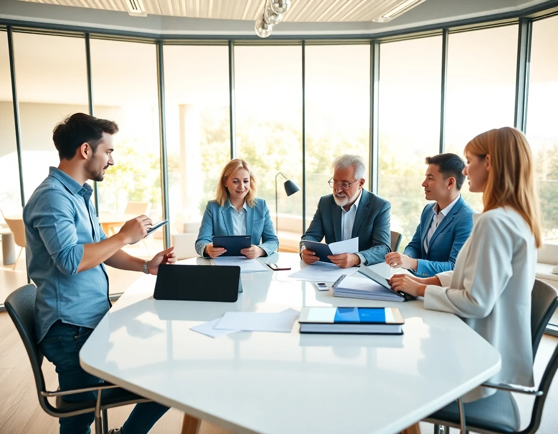 Professional editorial team collaborating in bright modern conference room