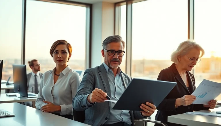 Stylish office with diverse professionals discussing editorial policy during golden hour
